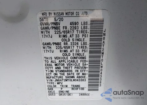 2020 Nissan Rogue Sv Fwd from USA, damaged, VIN JN8AT2MT0LW043383